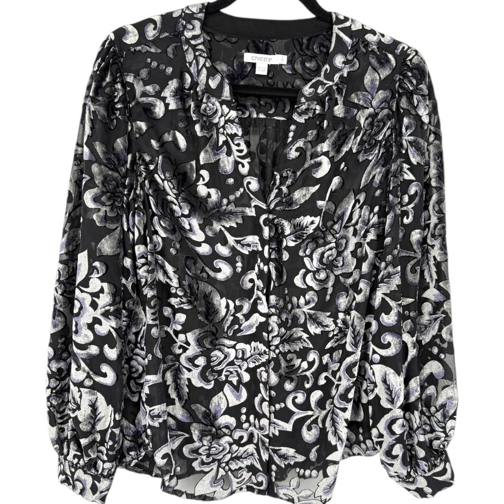 Chico's Floral Velvet Burnout Long Sleeve Blouse Top Black Sheer Size 8 Romantic